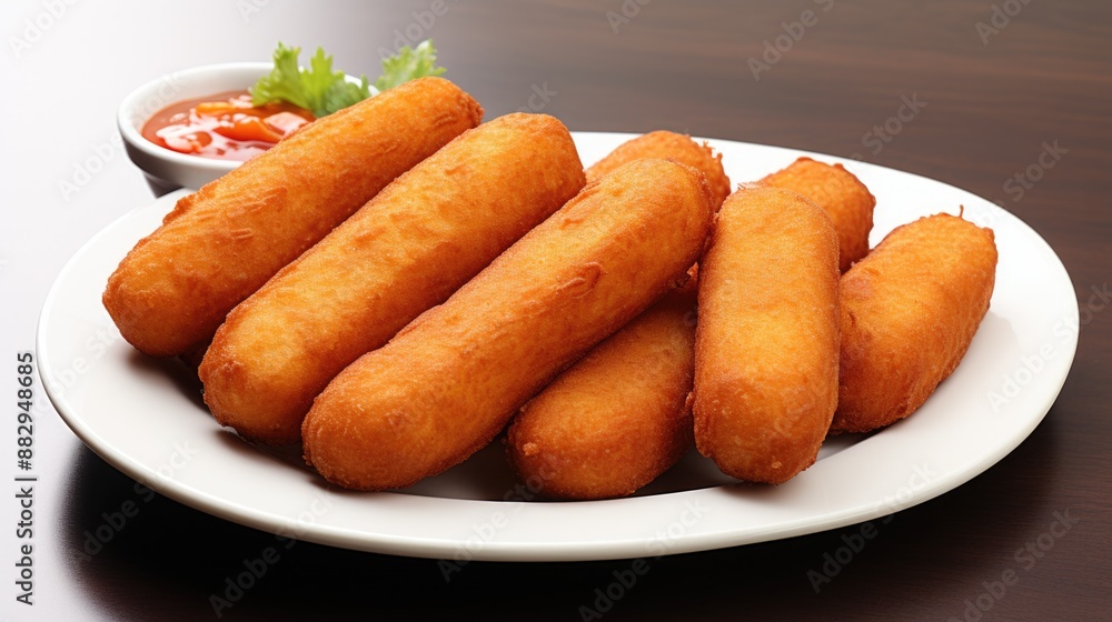 Delicious Crispy Corn Dogs on White Plate with Clean Background Delicious Crispy Corn Dogs on White Plate with Clean Background