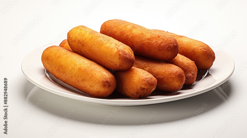 Delicious Crispy Corn Dogs on a White Plate with Clean Background Delicious Crispy Corn Dogs on a White Plate with Clean Background