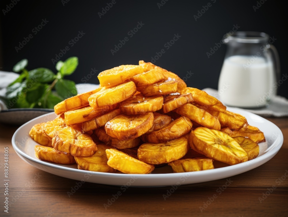 Crispy Golden Fried Plantains on White Plate, Minimalistic Background Crispy Golden Fried Plantains on White Plate, Minimalistic Background