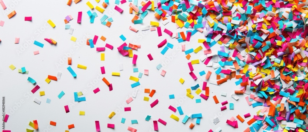 Obraz premium Colorful confetti on a white background, festive and lively slide design