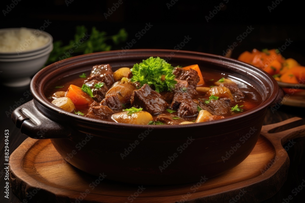Savory beef stew fresh herbs rustic bread A bowl of rich and savory beef stew Savory beef stew fresh herbs rustic bread A bowl of rich and savory beef stew