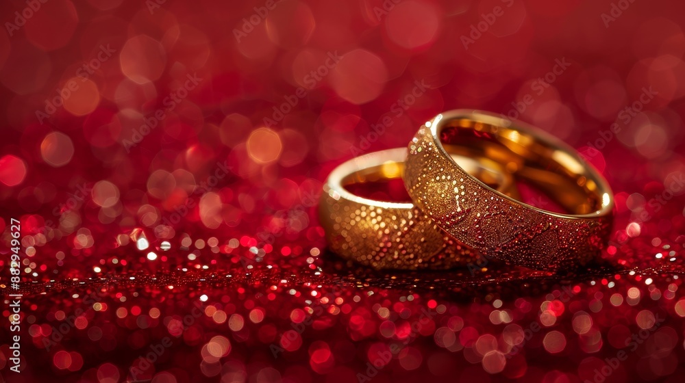 Elegant gold wedding rings on red velvet with bokeh, ample space for elegant designs Elegant gold wedding rings on red velvet with bokeh, ample space for elegant designs