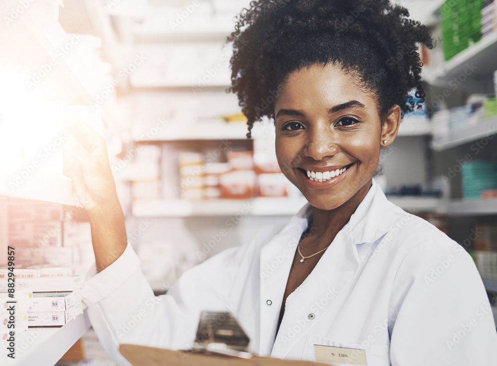Pharmacy, clipboard and portrait of happy woman at shelf for stock, customer order and antibiotic check. Female chemist, checklist and smile at inventory of medication, product information or storage Pharmacy, clipboard and portrait of happy woman at shelf for stock, customer order and antibiotic check. Female chemist, checklist and smile at inventory of medication, product information or storage