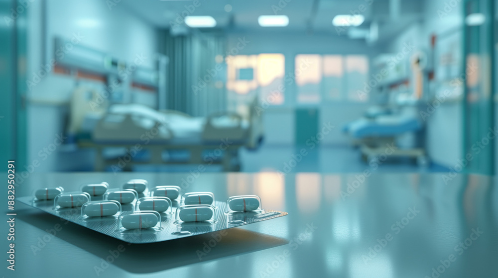 Pack of tablets placed on a table in a hospital room, emphasizing medical care and health.
