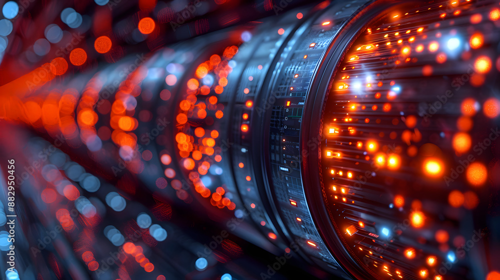 Close-up of an illuminated data server rack with glowing cables and connections, representing modern technology and data management. Close-up of an illuminated data server rack with glowing cables and connections, representing modern technology and data management.