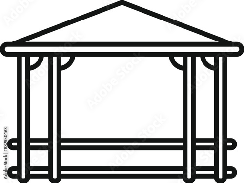 Minimalist line drawing icon of a gazebo with a roof, representing outdoor relaxation and leisure