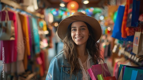 Young Woman Shopping at Colorful Market, Smiling and Holding Bags, Wearing Hat