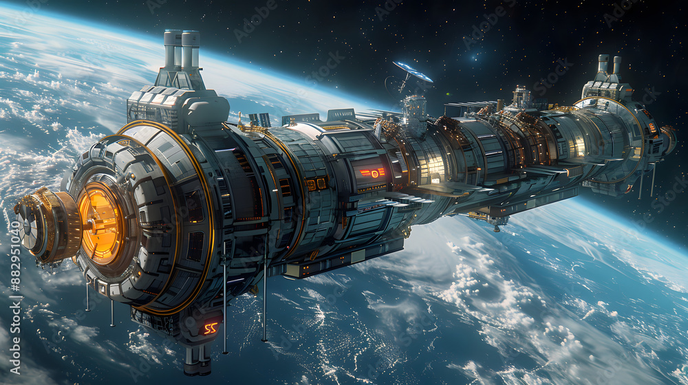 Futuristic space station orbiting Earth with advanced technology and stunning view of the planet's surface and space exploration. Futuristic space station orbiting Earth with advanced technology and stunning view of the planet's surface and space exploration.