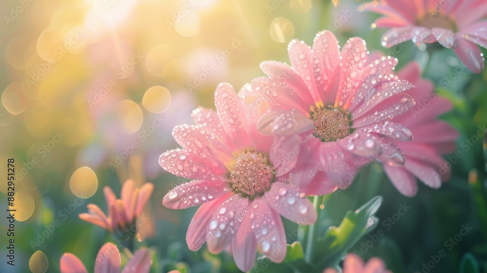 Dew-covered pink flowers in soft sunlight, blooming in a garden during early morning. The image captures the freshness of nature with bright light. Dew-covered pink flowers in soft sunlight, blooming in a garden during early morning. The image captures the freshness of nature with bright light.