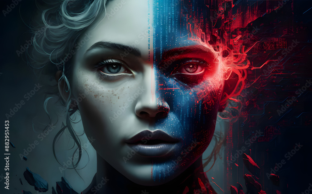 An expressive and captivating abstract artwork that displays two side profiles of faces An expressive and captivating abstract artwork that displays two side profiles of faces