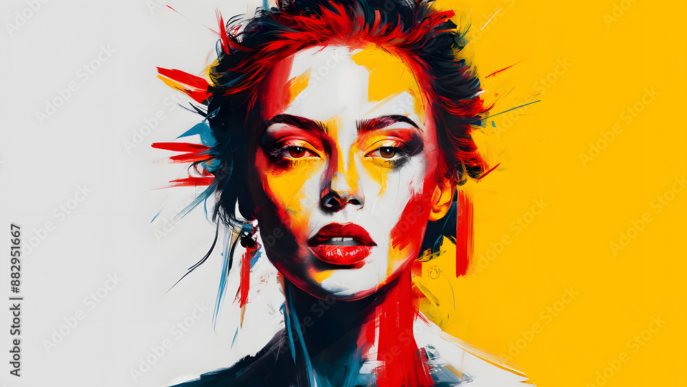 Obraz premium A captivating abstract portrait of a woman's face, wherein bold, vivid colors of red, yellow, blue, and white 