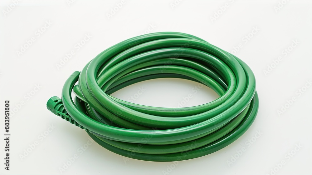 A green garden hose coiled neatly on a solid white background. A green garden hose coiled neatly on a solid white background.