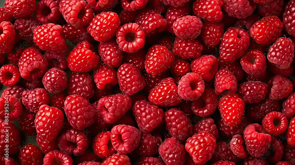 A close-up view of a pile of fresh, ripe red raspberries, with green leaves interspersed throughout A close-up view of a pile of fresh, ripe red raspberries, with green leaves interspersed throughout