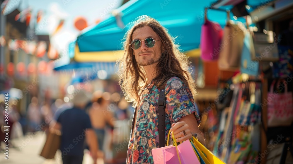 Man with long hair shopping in a vibrant market holding colorful bags. Sunny day with festive decorations. Man with long hair shopping in a vibrant market holding colorful bags. Sunny day with festive decorations.