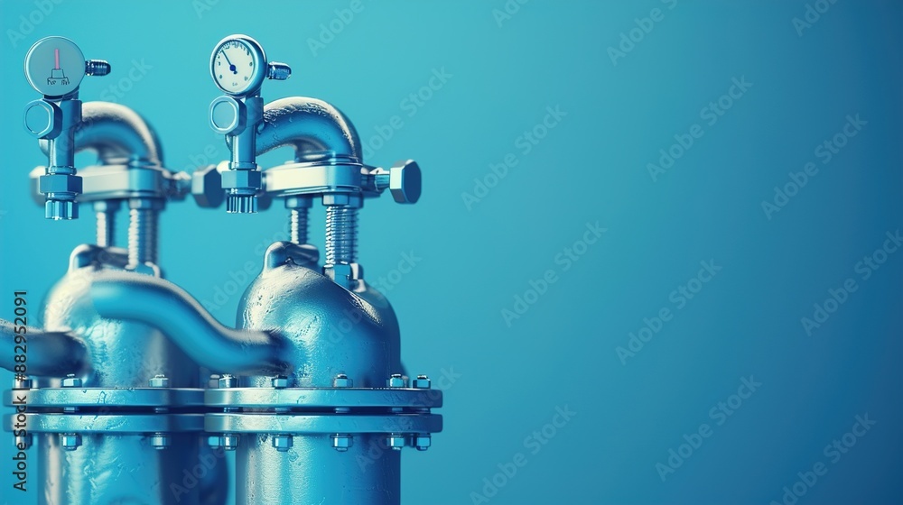 A hose splitter with two valves on a solid blue background. A hose splitter with two valves on a solid blue background.