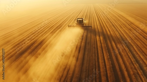 Aerial view of combine harvester working in vast golden wheat field. Striking contrast between machine and crops. Agricultural landscape.