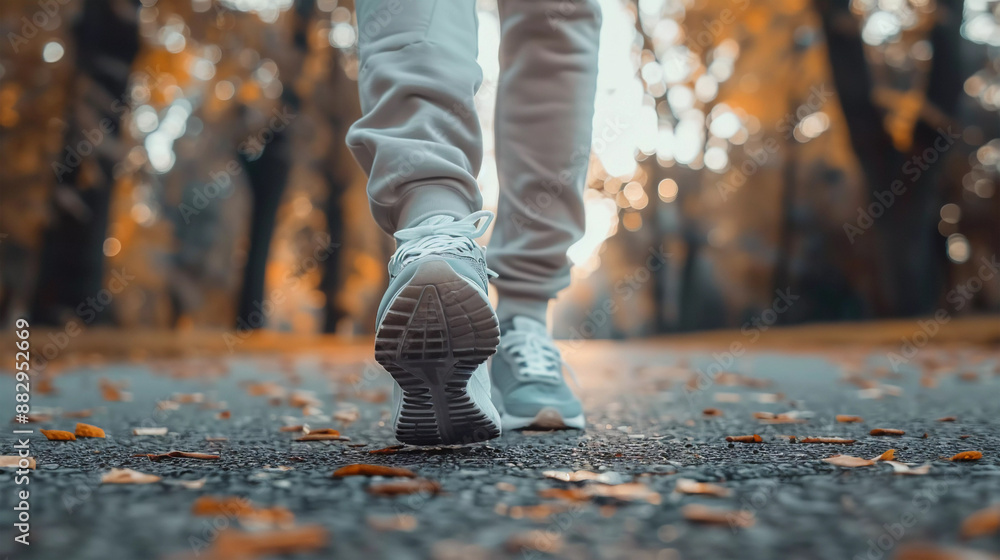 A person walking on a path in a park with trees all around. Low camera angle. A person walking on a path in a park with trees all around. Low camera angle.