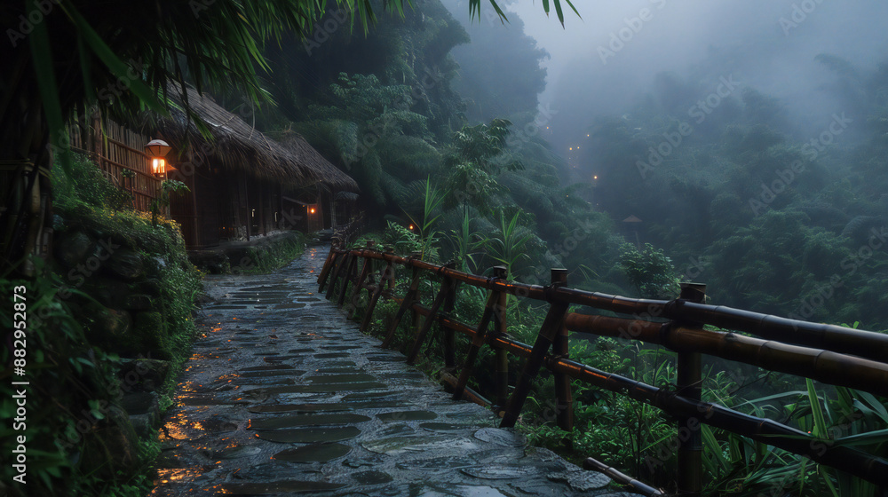 Fototapeta premium Blurred Green rain forest and huts on a rainy morning. A typical house in the rainforest jungle