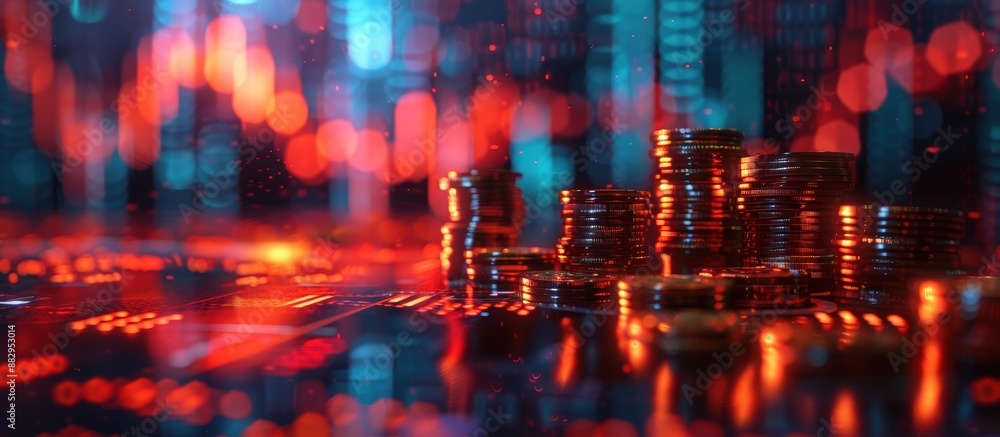 Stacks of Coins on Digital Background with Red and Blue Lights Representing Cryptocurrency and Financial Technology Stacks of Coins on Digital Background with Red and Blue Lights Representing Cryptocurrency and Financial Technology