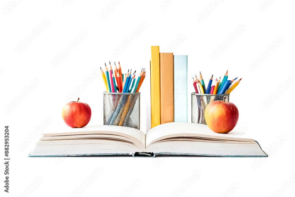 Open Book With Pencils, Apples and Books Open Book With Pencils, Apples and Books