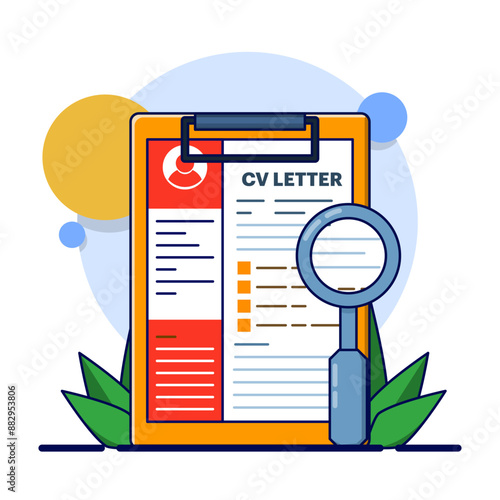 Job Recruitment Concept, Cv on Clipboard with Magnifying Glass. Corporate jobs, looking for qualified candidates. magnifying glass CV data on clipboard, selecting recruitment for interview.