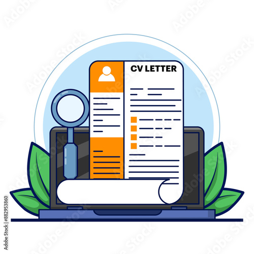 Job Recruitment Concept, Cv on Clipboard with Magnifying Glass. Corporate jobs, looking for qualified candidates. magnifying glass CV data on clipboard, selecting recruitment for interview.