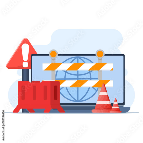 Website Under Maintenance Concept. Laptop with Repair Tools and Warning Sign. Software System Under Maintenance. Website Errors, Web Page Development and Application Updates.