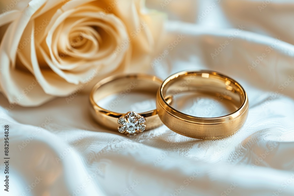 Close up of two gold wedding rings on white silk with elegant white rose background Close up of two gold wedding rings on white silk with elegant white rose background
