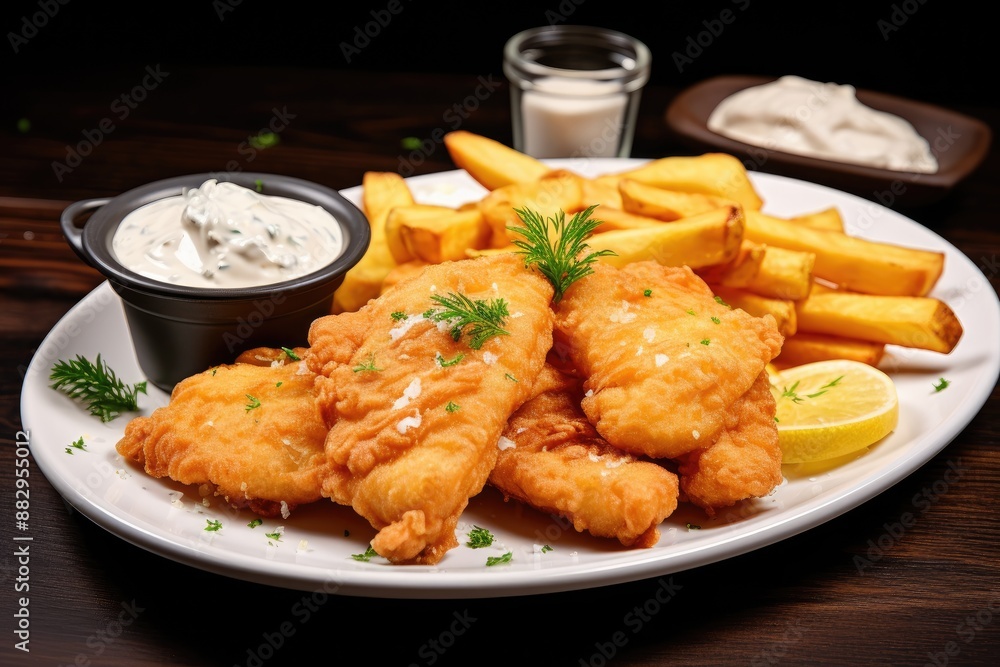Golden crispy fish and chips A plate of crispy fish and chips with tartar sauce Golden crispy fish and chips A plate of crispy fish and chips with tartar sauce