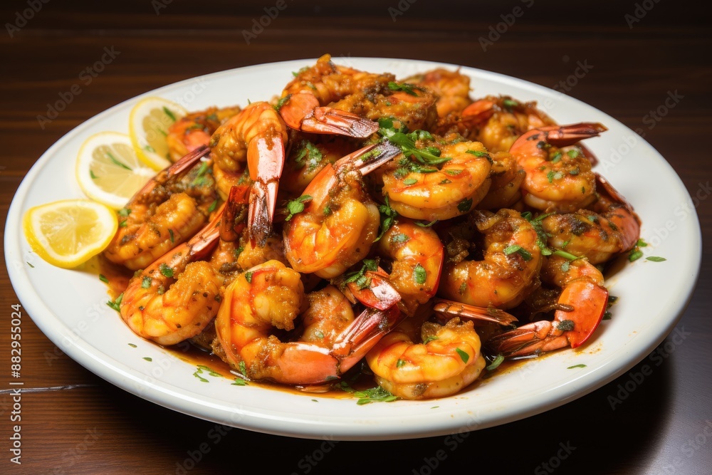 Plateful of succulent seasoned shrimps A plate of savory garlic butter shrimp Plateful of succulent seasoned shrimps A plate of savory garlic butter shrimp