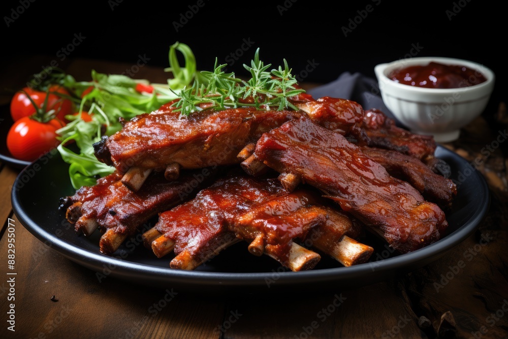 Saucy tender grilled ribs A plate of tender and flavorful barbecue ribs Saucy tender grilled ribs A plate of tender and flavorful barbecue ribs