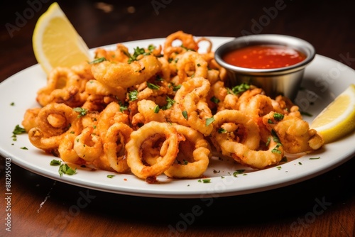 Golden-fried crispy calamari rings A plate of crispy calamari with marinara sauce