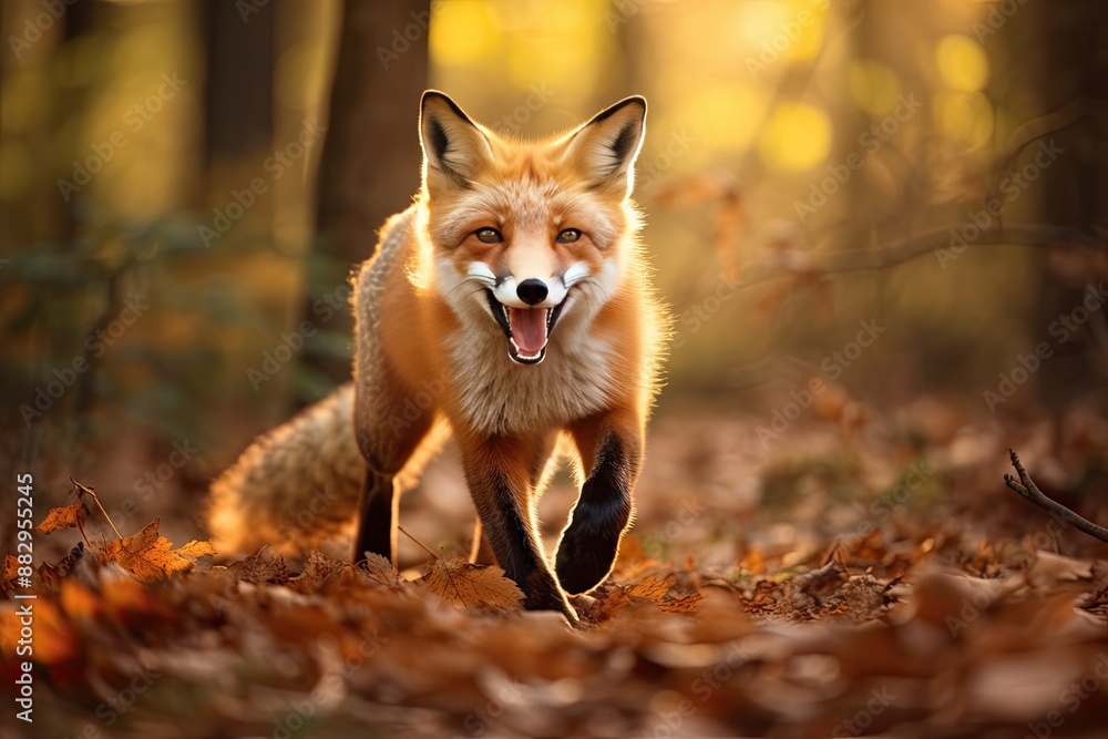 Alert russet fox in autumnal woods A playful and agile red fox in the forest Alert russet fox in autumnal woods A playful and agile red fox in the forest