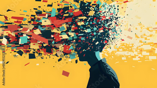 People head bursting with information data, symbolizing the overwhelming effects of media and social media addiction.powerful visual metaphor of social media addiction.