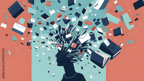 People head bursting with information data, symbolizing the overwhelming effects of media and social media addiction.powerful visual metaphor of social media addiction.