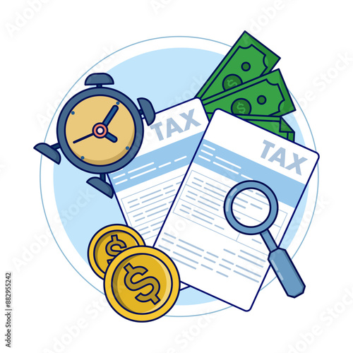 concept of paying on time, workers or companies obediently paying government taxes, banknotes paying tax alarm. Tax time reminders, income tax planning, government payment dates or financial returns.
