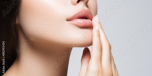 Closeup of a womans soft natural lips with a finger gently touching them