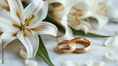 Close up of two gold wedding rings on white lily background with bokeh, minimalistic composition