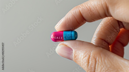 Fingers holding a color mini pill with text 