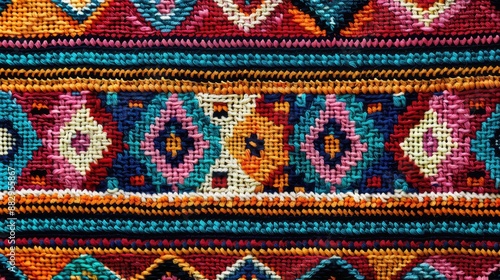 Colorful and intricate handwoven ethnic textile with vibrant geometric patterns and motifs