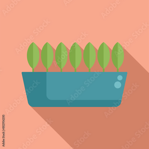 Green plant growing in pot on shelf with long shadow, flat design illustration