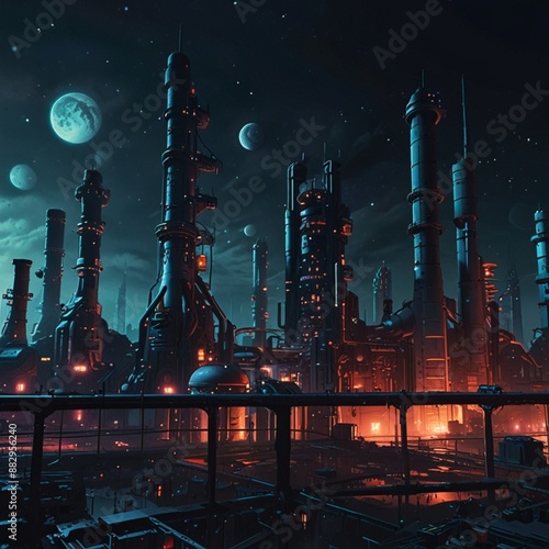Factories in outer space with a cyberpunk theme
