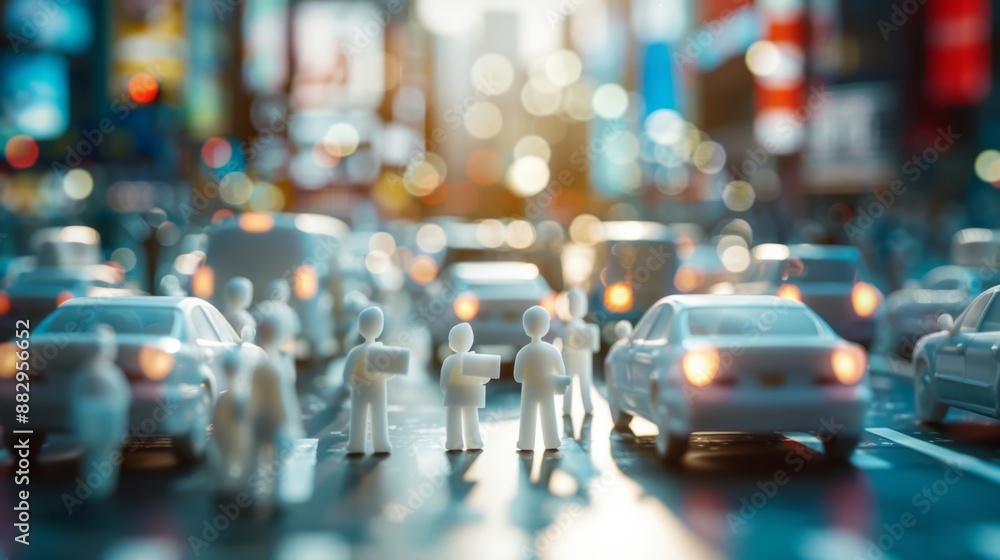 AI generated image of a busy city street with miniature figures, cars, and bright lights. AI generated image of a busy city street with miniature figures, cars, and bright lights.