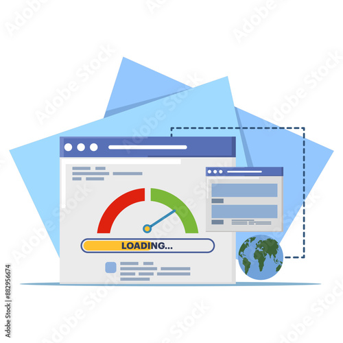 pc load time speedometer software tool concept for download score. Website internet page loading speed or seo optimization laptop computer website performance test check flat vector icon.