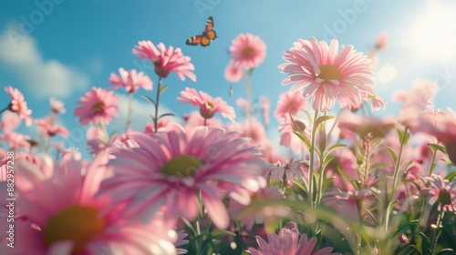 Butterfly flying over a field of pink flowers under a clear sky, capturing the beauty of nature and springtime in full bloom.