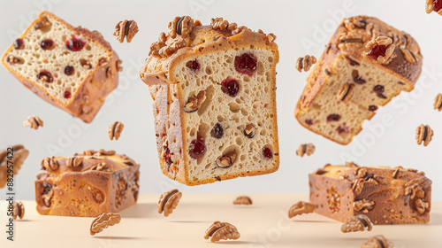 Freshly Baked Cranberry Walnut Bread Loaf, Top View for Bakery Advertisement, on White Background photo