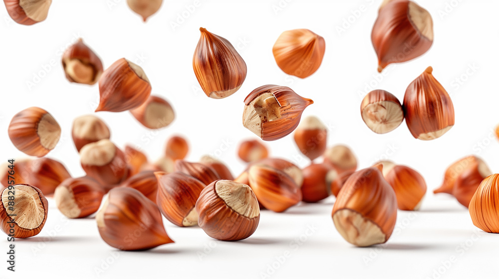Close-up of Freshly Roasted Hazelnuts with Golden Brown Skins, Perfect for Advertisement, on White Background Close-up of Freshly Roasted Hazelnuts with Golden Brown Skins, Perfect for Advertisement, on White Background