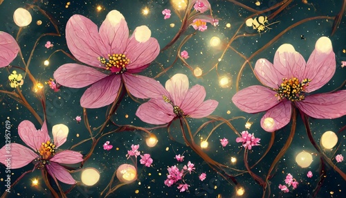 beautiful pattern with small pink flowers and fireflies