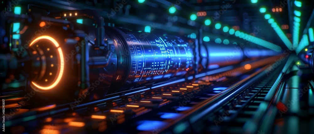 Fototapeta premium Hightech gas transport, sleek modern design, power generation, neon blue and green lights, robotic operations, hyperdetailed, scifi elements, digital art