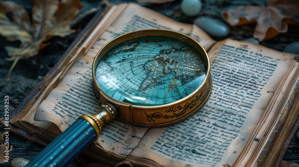 Magnifying glass on antique world map on wooden table Magnifying glass on antique world map on wooden table